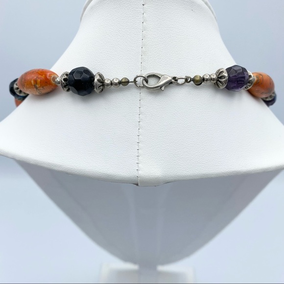 Artisan Handcrafted Orange Silver Tone & Peacock Aurora Borealis Beaded Necklace - Picture 4 of 10